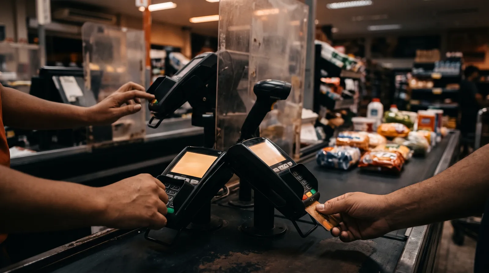 Cliente insere o cartão no PIN pad de um caixa de supermercado