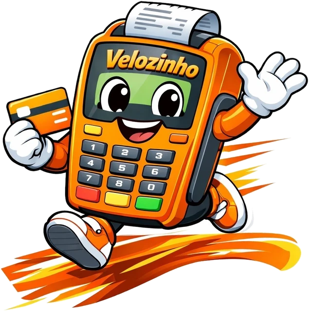 Velozinho, o mascote maquininha da CVeloz, correndo e acenando